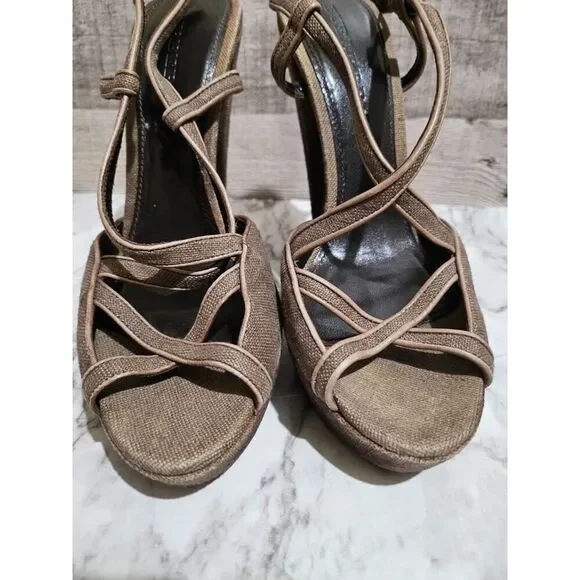 Burberry Wood Linen Leather Platform Heels 9 EU 40 - Picture 4 of 6